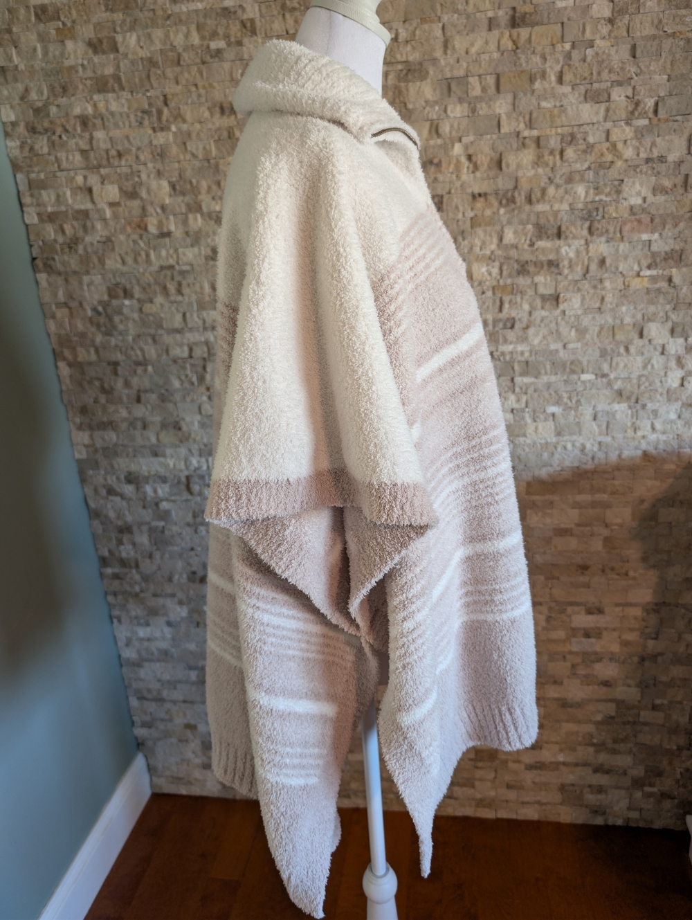 Barefoot Dreams CozyChic Quarter Zip Poncho in Cream Stone Stripe One Size image 2